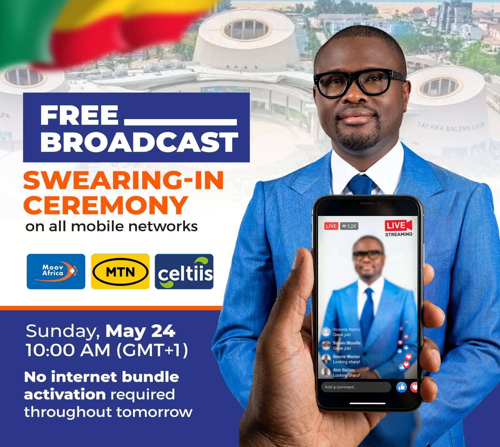Bénin: live presidential investiture accessible free on mobile networks