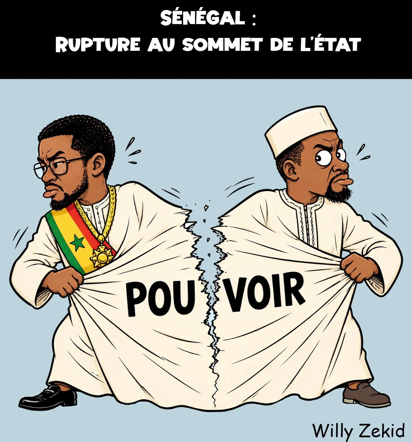 Caricature showing Ousmane Sonko and Bassirou Diomaye Faye tearing apart a garment labeled 'pouvoir' (power), symbolizing their political rupture.