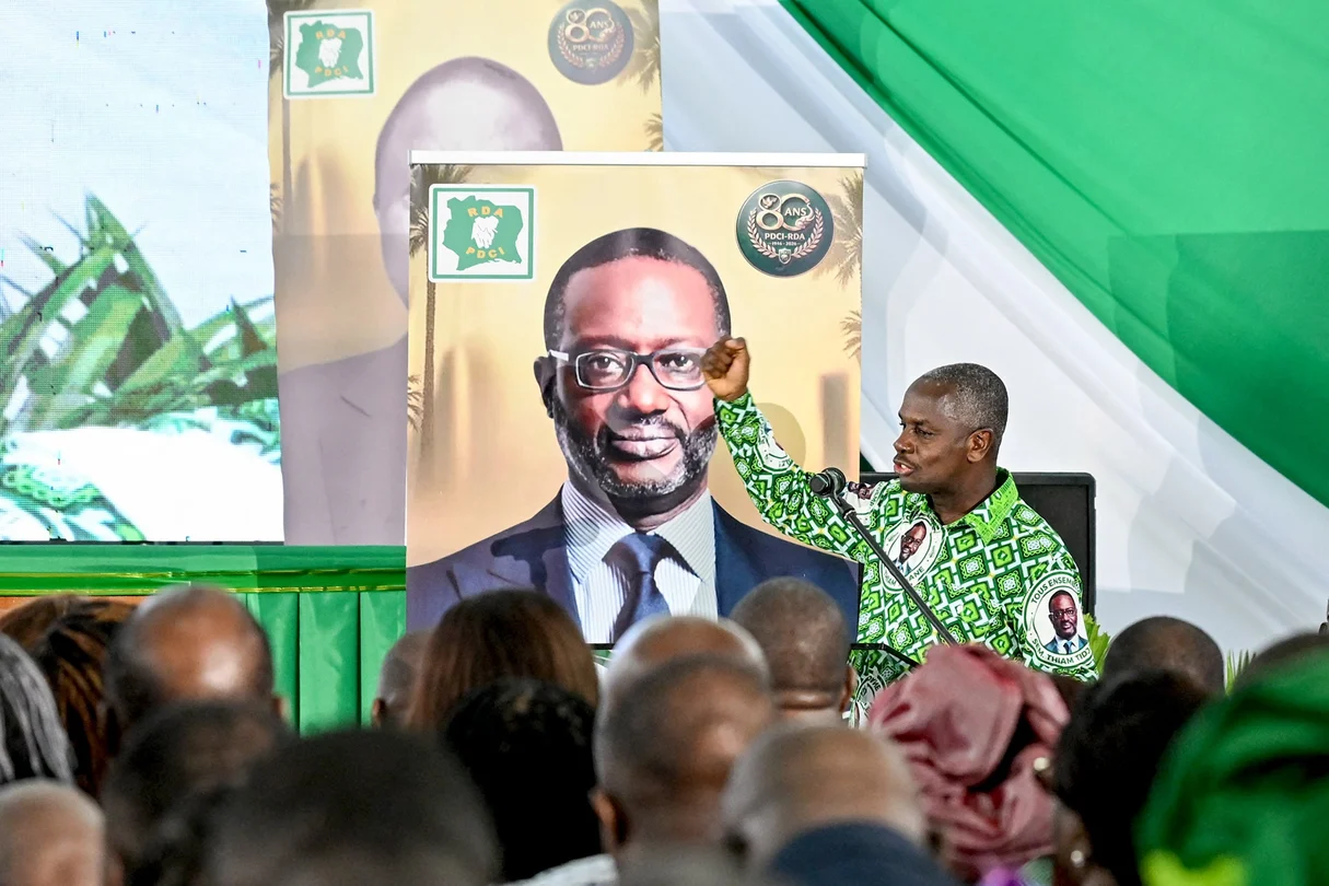 Calice Yapo Yapo, the PDCI's executive secretary, during the party's 80th anniversary celebration on April 9, 2026, in Abidjan. © Issouf SANOGO/AFP