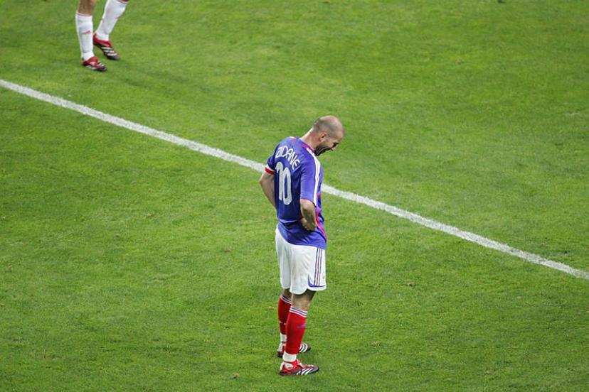 Zinedine zidane missing the only penalty of his career in a french shirt