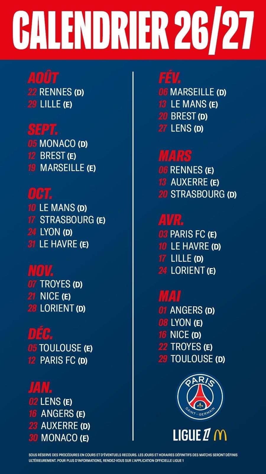 PSG Ligue 1 2026-2027 full calendar