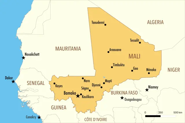 Map of Mali showing key cities including Gao, Tombouctou, Kidal, and Ménaka