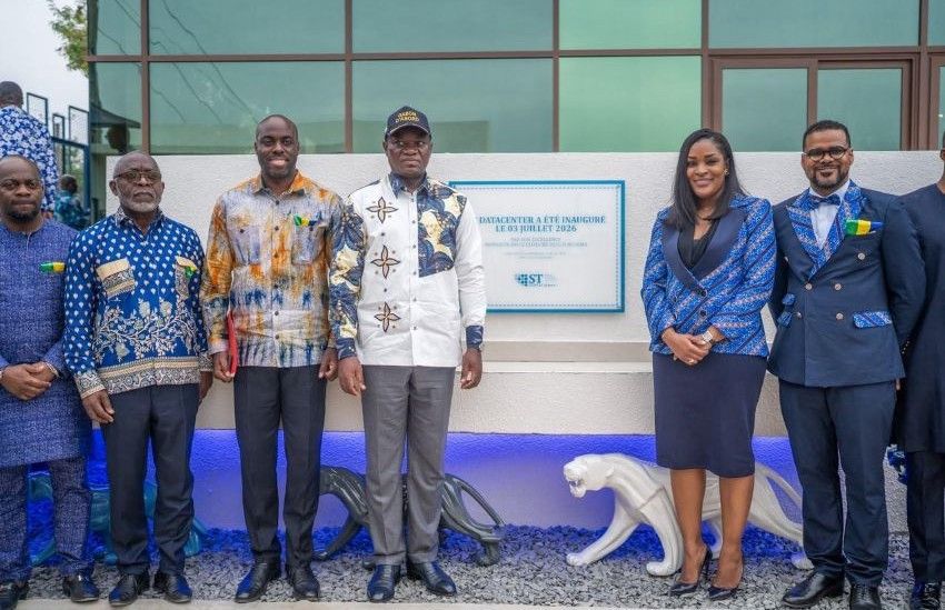 Gabonese leaders and ST Digital executives at the Nkok Data Center inauguration