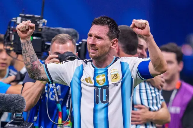 Lionel Messi, Argentina's number 10, celebrates after the first leg of the 2026 FIFA World Cup Round of 16 match between Argentina and Egypt at the Atlanta stadium on July 7, 2026.