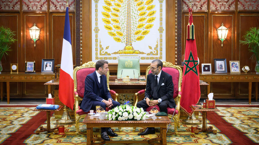 French President Emmanuel Macron greeted by Morocco's King Mohammed VI during an official visit in Rabat, October 2024