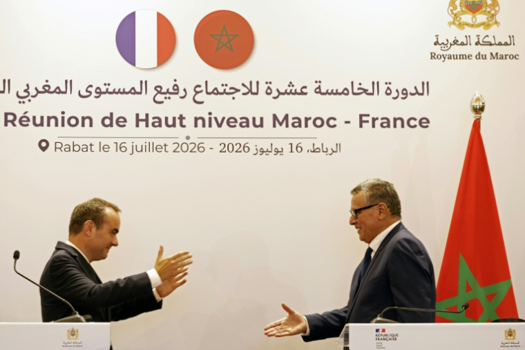 French Prime Minister Sébastien Lecornu (left) and Moroccan Prime Minister Aziz Akhannouch at a press conference in Rabat on July 16, 2026