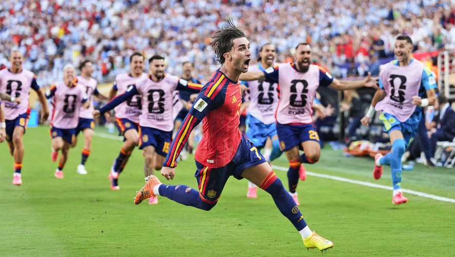 Ferran Torres, Barcelona and Spain striker, celebrates scoring in the World Cup final