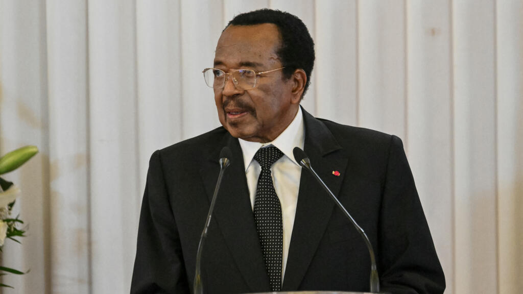 Cameroon President Paul Biya delivers a speech with Pope Leo XIV (off-camera) at the presidential palace in Yaoundé during a 11-day apostolic journey to Africa on April 15, 2026.