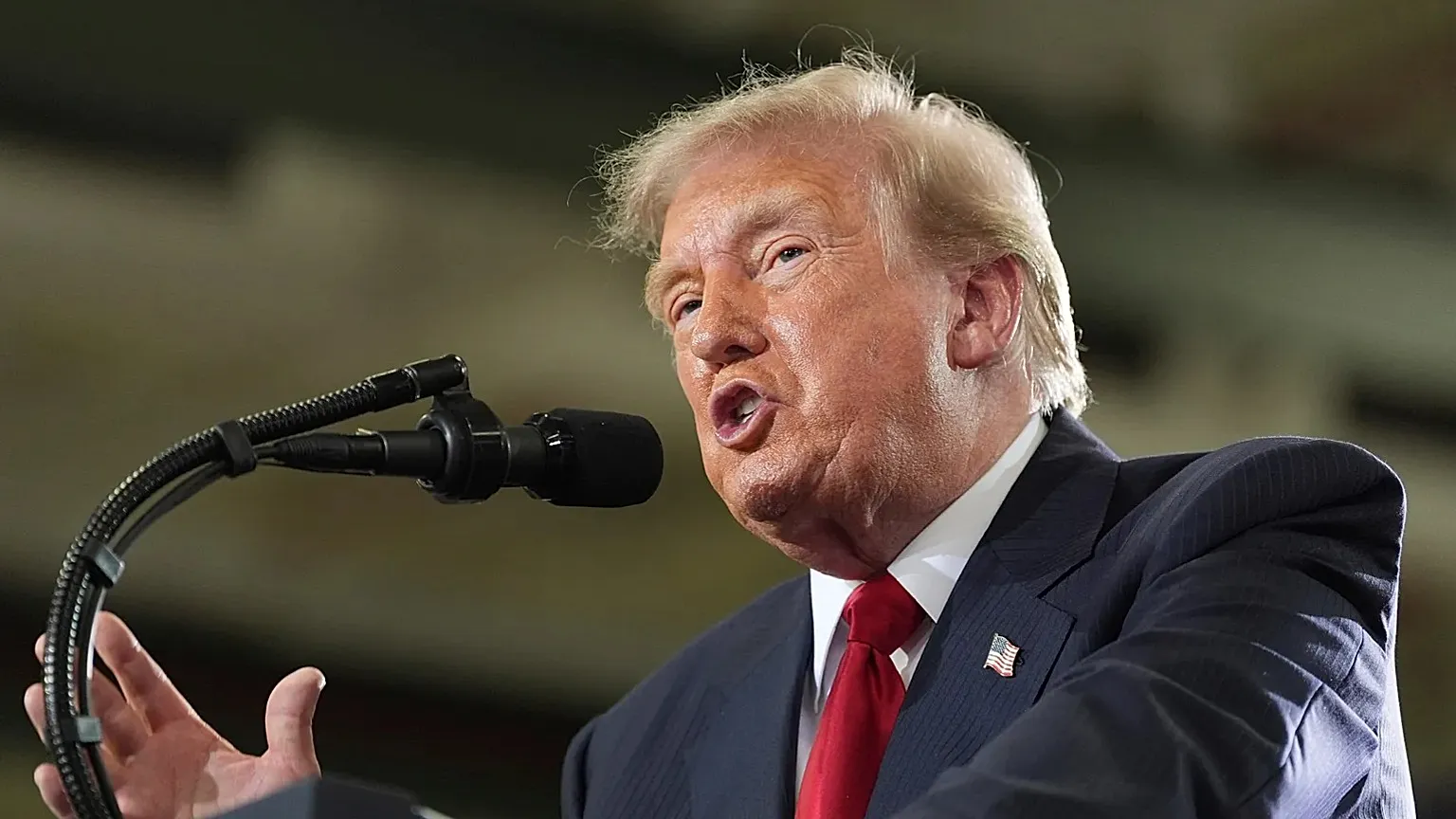 US President Donald Trump speaks at General Motors test track in Milford, Michigan, on July 27, 2026.