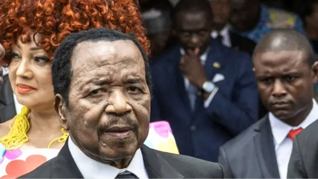 Paul Biya during one of his last public appearances in Cameroon, on the occasion of Pope Leo XIV's visit in April 2026. He is surrounded by Cameroonian officials and his wife, First Lady Chantal Biya.